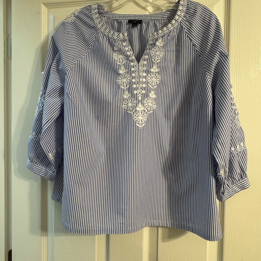 Talbots Blue Striped Embroidered with cute white flowers- Women's Top
